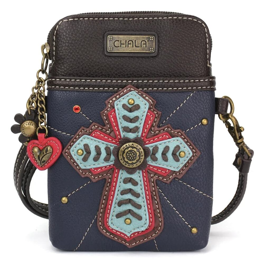 Chala Faux Leather Cellphone Crossbody Purse - Chevron Cross, Navy NWT
